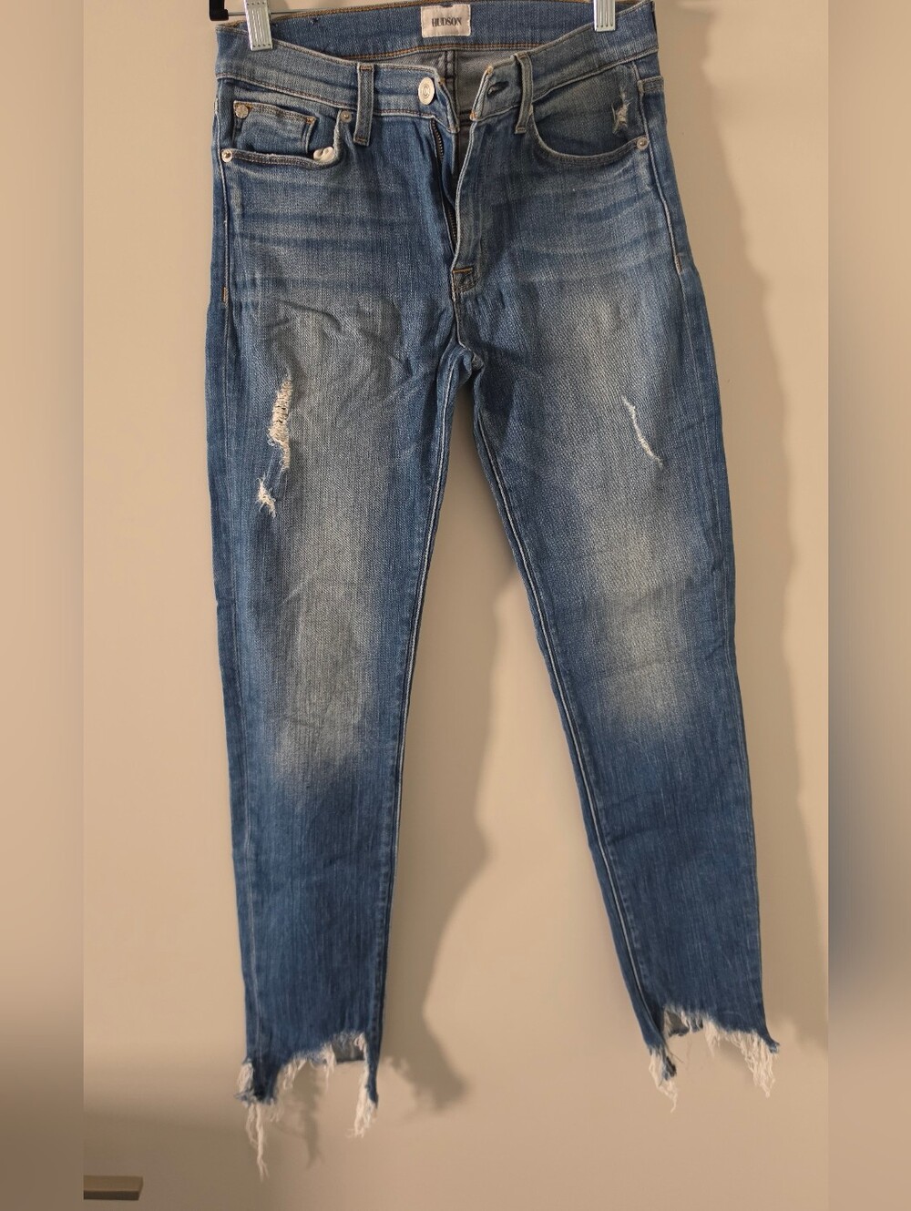 Hudson Jeans medium blue denim with tan contrast stitching